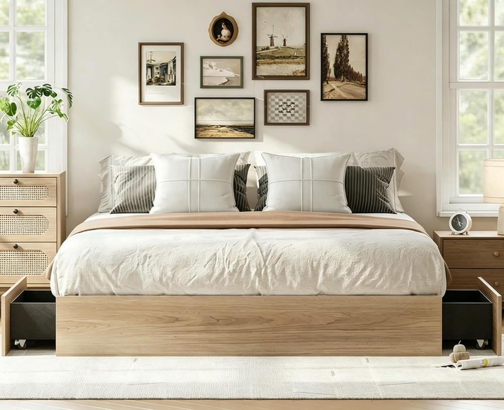 IDEALHOUSE Full Bed Frame with 2 Storage Drawers,Wooden Floor Bed Frame