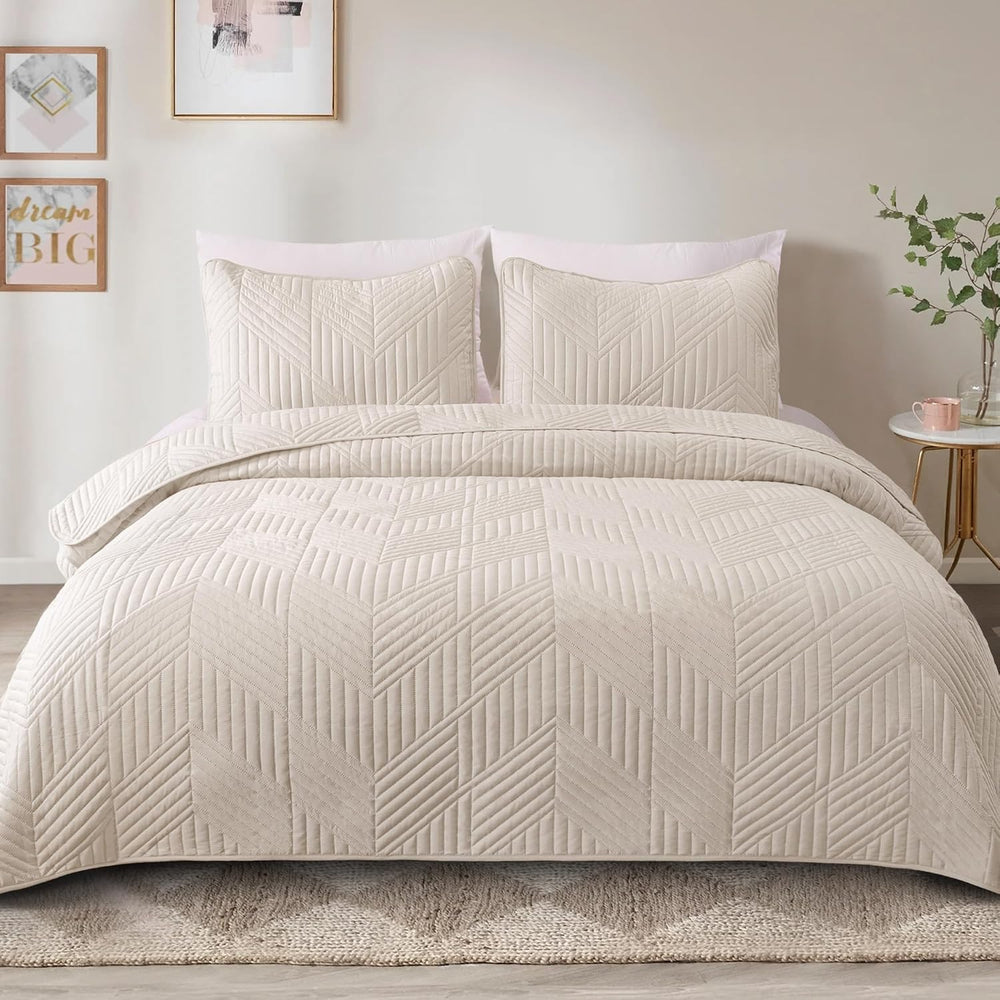 Exclusivo Mezcla Ultrasonic Full Queen Quilt Bedding Set, Beige Cream
