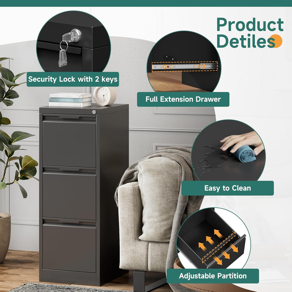 3 Drawer Metal Vertical File Cabinet with Lock for Home Office | 17.8"D ...