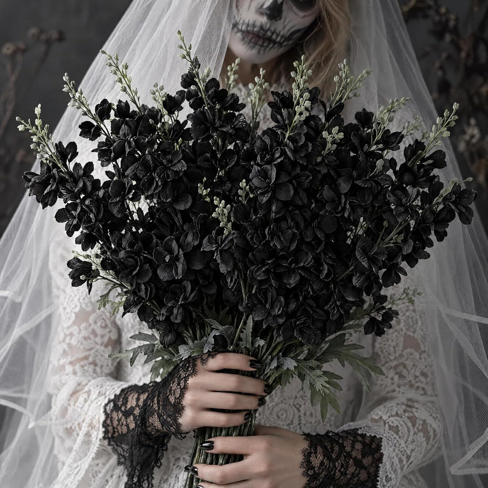 Thiccywoov 24 Pcs Halloween Black Delphinium Artificial Flower Bulk, 34.25"