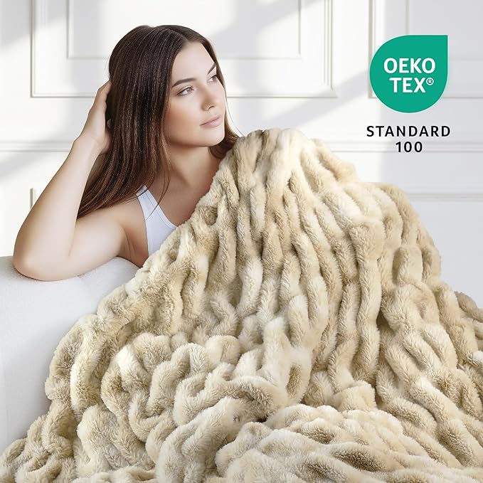 Ultra Soft Cozy Faux Fur Throw Blanket, Fuzzy Plush Thick Bubble Blanket - Image 3