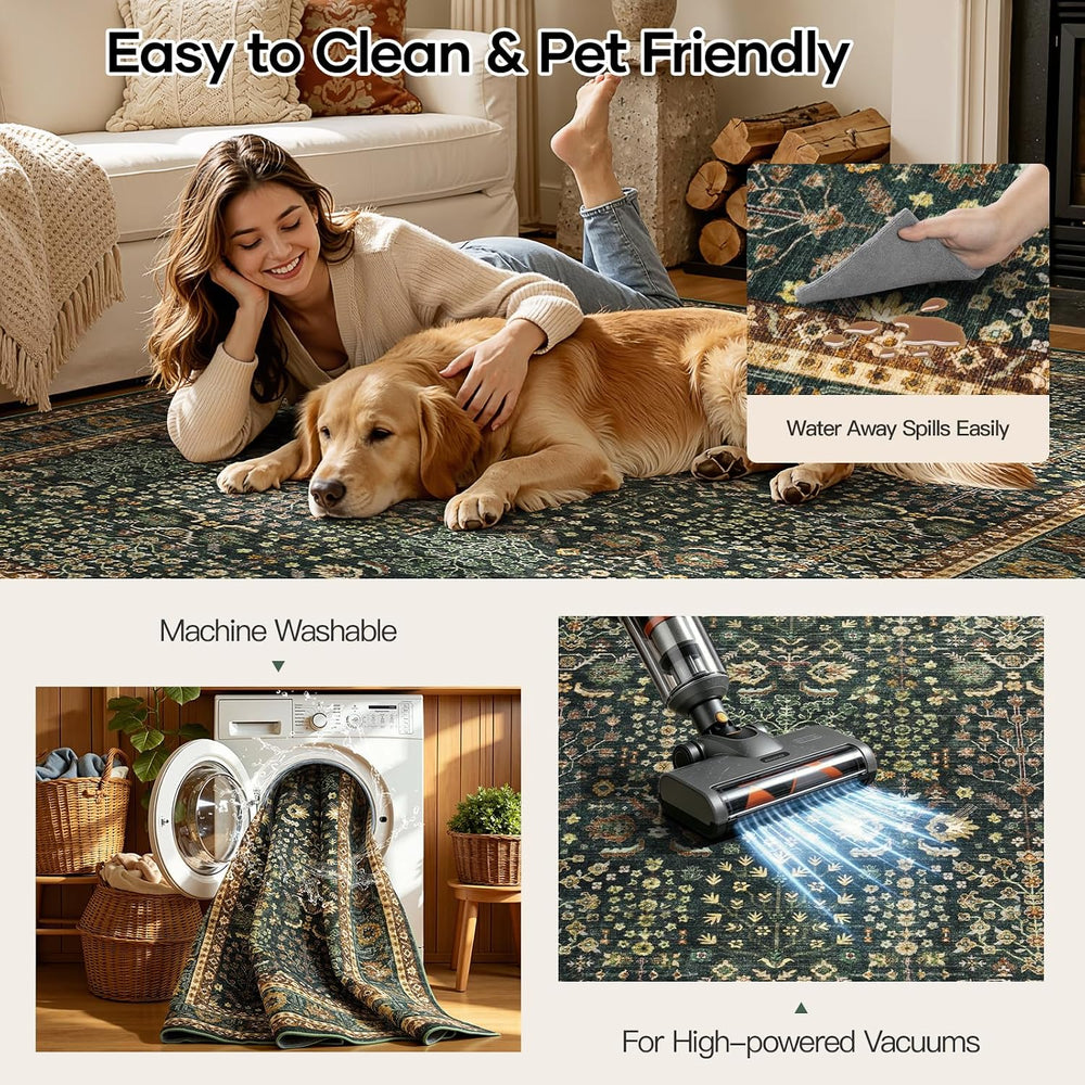 10x14 Washable Area Rug for Living Room, Non-Slip Green Boho Carpet