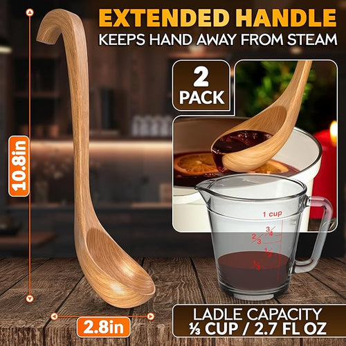 2 Pcs Wooden Ladle for Soup – 10.8×2.8" Bamboo Soup Ladle for Stews and Sauces - Image 2