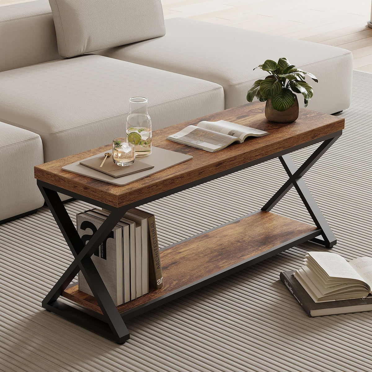 IBF Rustic Entryway Bench with Storage, Rustic Brown Wood and Metal Bench
