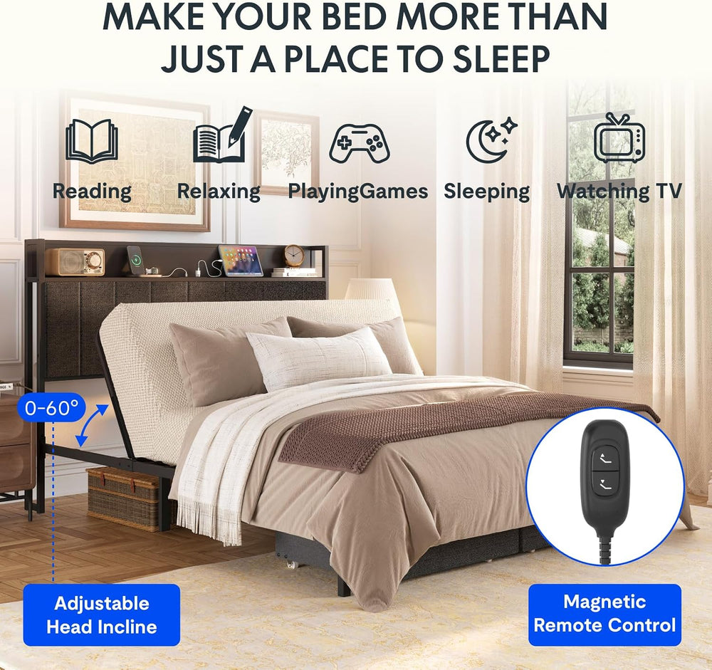 FLEXISPOT Adjustable Bed Base with Storage Headboard & Charging Station