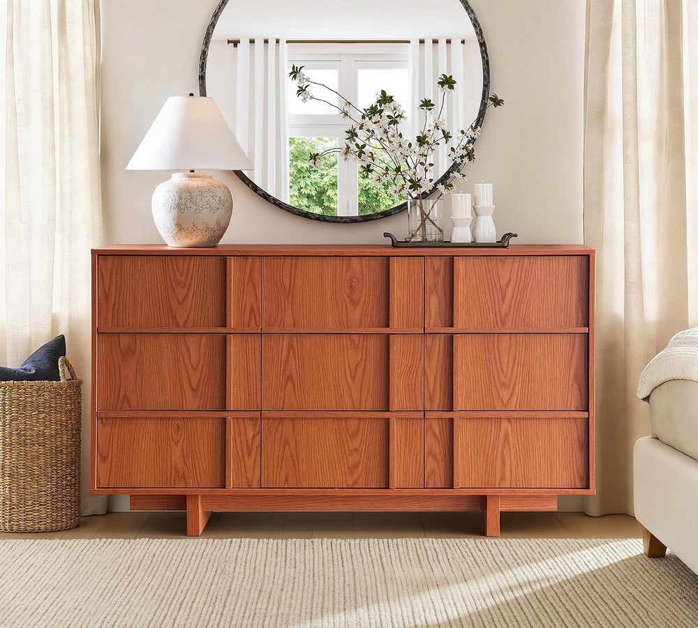 55" Wide 9 Drawer Dresser and Nightstand Set 3 Piece, Cherry