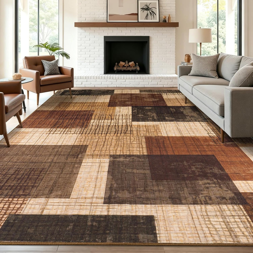 8x10 Washable Area Rug for Living Room Modern Geometric Patchwork Red Brown