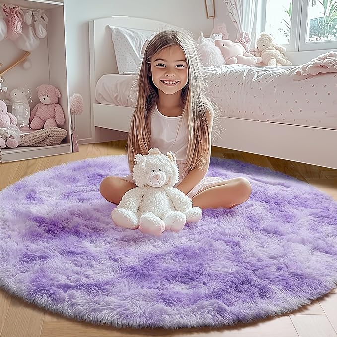 ONASAR Round Rugs 5ft for Bedroom Living Room, Tie-Dyed Purple Fluffy Circle - Image 9