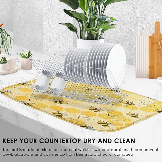 Sanwarm Absorbent Dish Drying Mat, Honey Baby Cute Yellow Bees Microfiber Pad - Image 4