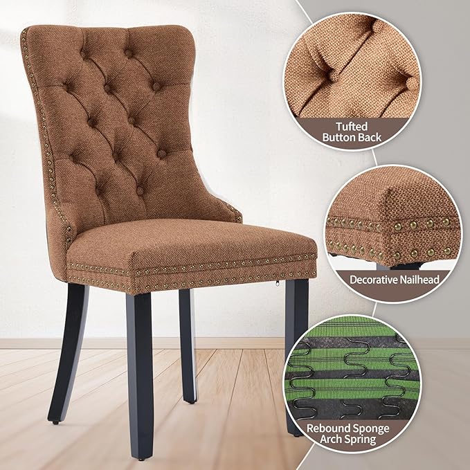 Brown Dining Chairs Set of 6, Upholstered Tufted Linen Fabric Dining Room Cha...
