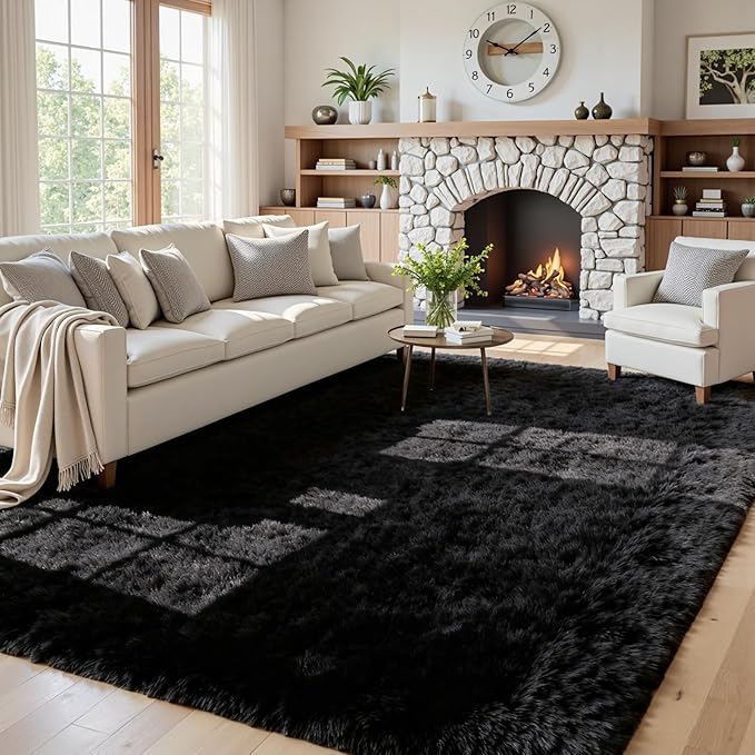 5x7 Area Rugs for Living Room: Ultra Soft Fluffy Shag Black Rug for Bedroom by CarpetAddColortoYourLife