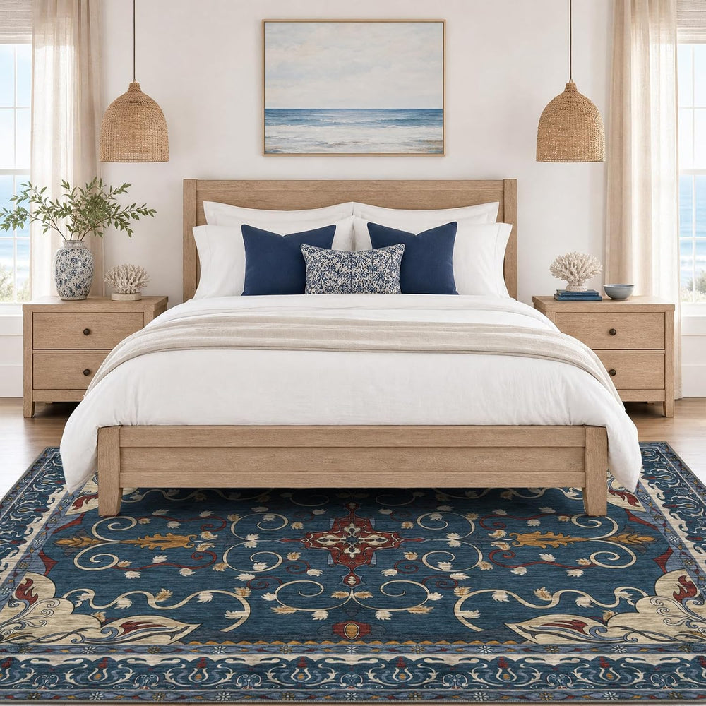 8x10 Area Rug for Large Living Room,Blue Retro Non-Slip Low Pile Rug Carpet