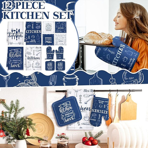 12 Pcs Farmhouse Kitchen Oven Mitts and Pot Holders Decor Sets 4 Blue Kitchen - Image 2