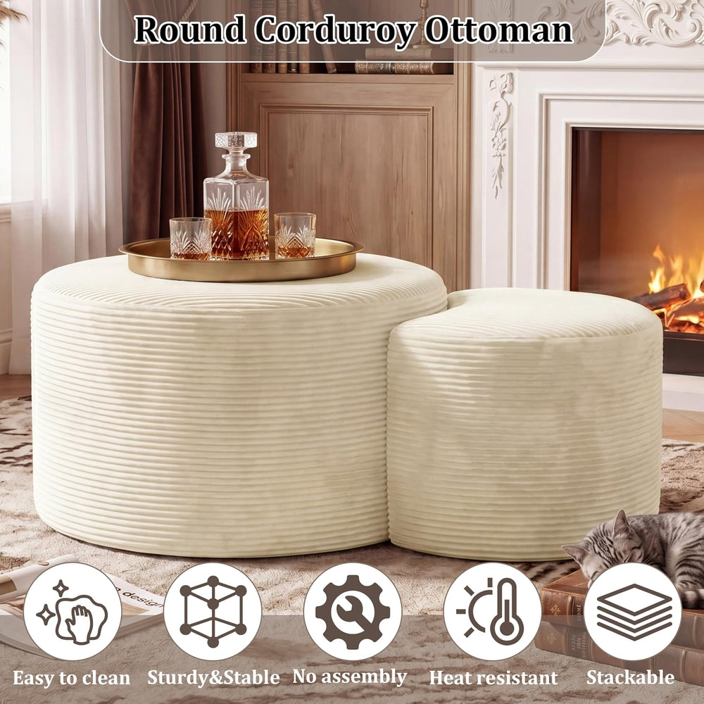 BSHOMGI Round Coffee Table Set of 2, Movable Ottoman for Corduroy Cloud Secti...