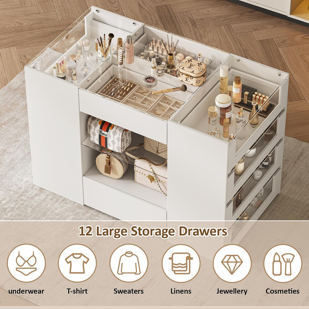 LIVAUVEAD Closet Island with 12 Drawers, Glass Top & Display Shelves, White