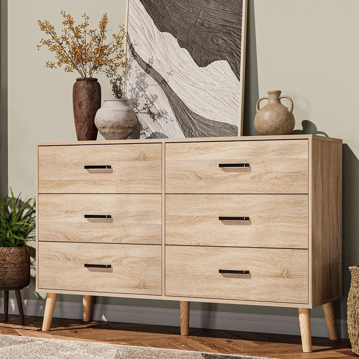 Wood Dresser for Bedroom, 6 Drawer Dresser with Metal Handles, Mid Century Modern Chest of Drawer Large Storage Organizer for Living Room, Closet (Light Oak)