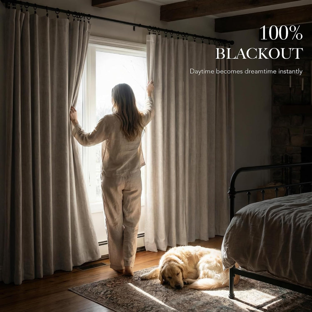 RYB HOME Beige Linen 100% Blackout Curtains 108 Inch Long for Bedroom