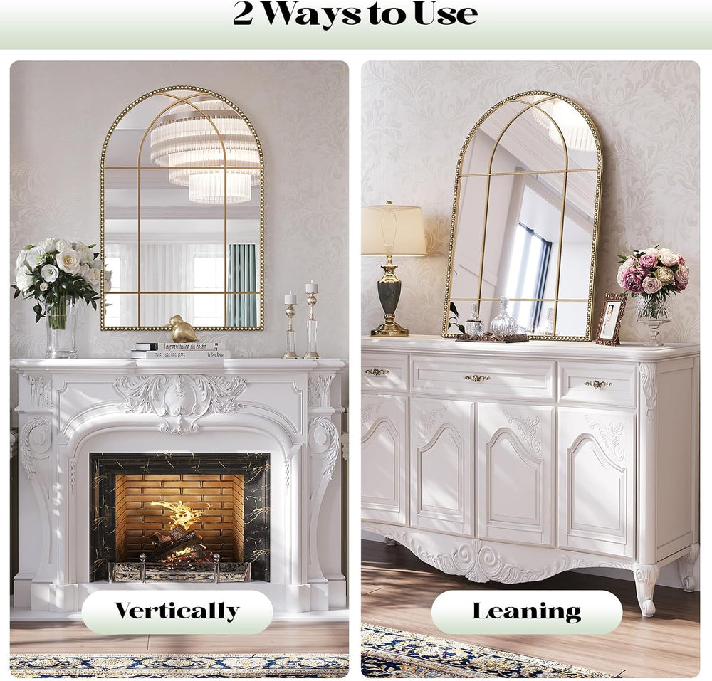 Arched Gold Antique Mirror, 22" x 30" Window Mirror with Beaded Met...