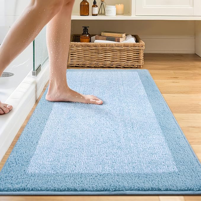 48x24 Long Bathroom Rugs Washable Non Slip, Light Blue Bath Mat - Image 2