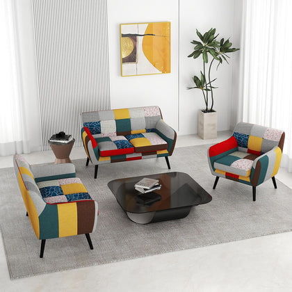 Bonzy Home Modern Colorful 3 Piece Coroful Fabric Sofa Set, Included Accent Chair and Boho 2 Loveseat, Linen Patchwork Plaid Couches with Rubberwood Legs and Removable Upholstered for Living Room