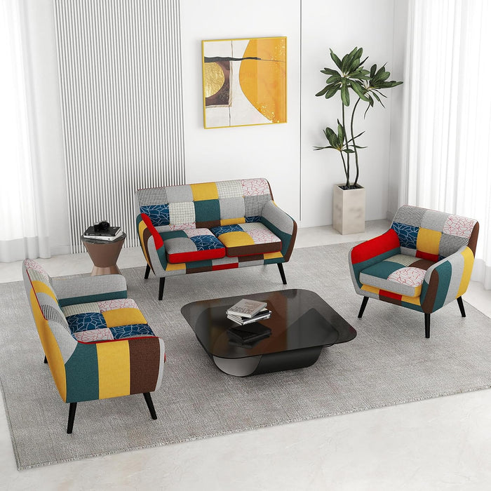 Bonzy Home Modern Colorful 3 Piece Coroful Fabric Sofa Set, Included Accent Chair and Boho 2 Loveseat, Linen Patchwork Plaid Couches with Rubberwood Legs and Removable Upholstered for Living Room