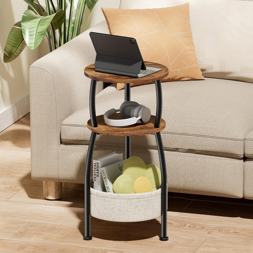 Round Side Table for Small Spaces with Storage Basket –Small End Table 3-Tier...