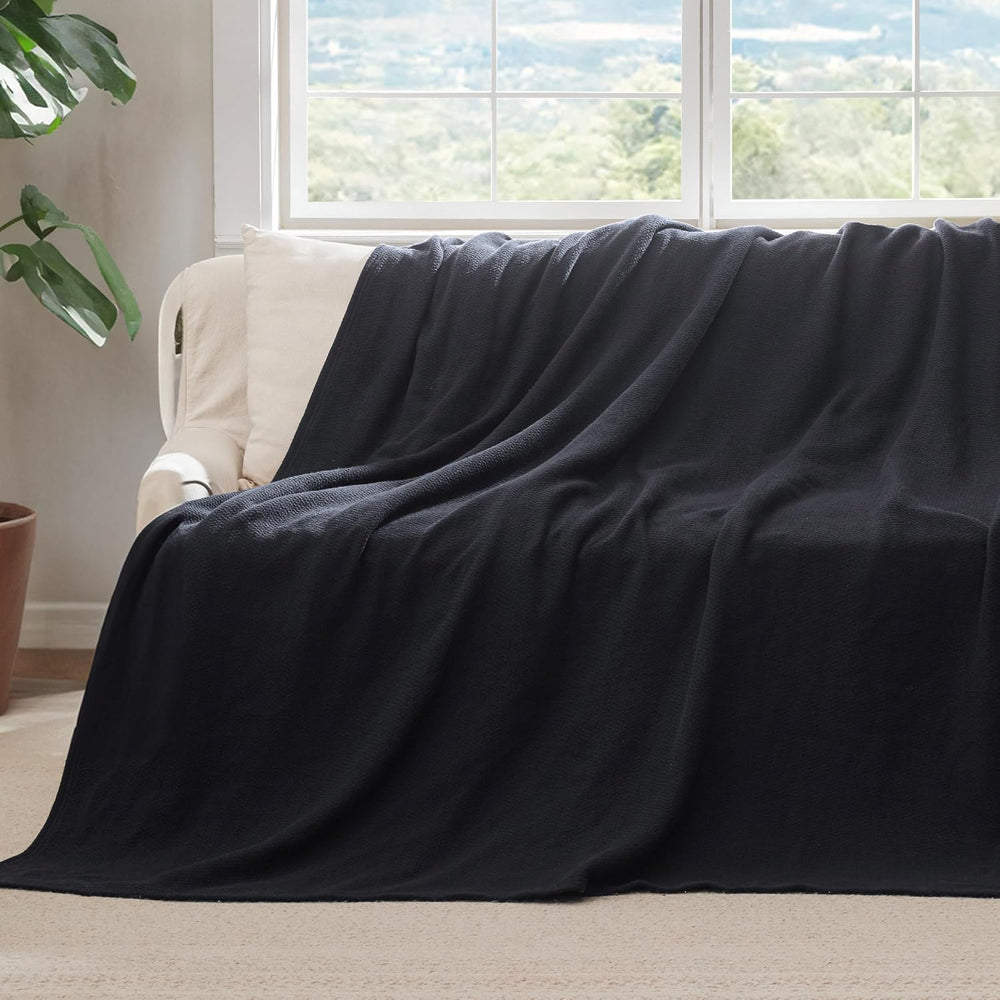 Bedsure 100% Cotton Blanket, Herringbone Weave, Full, Black