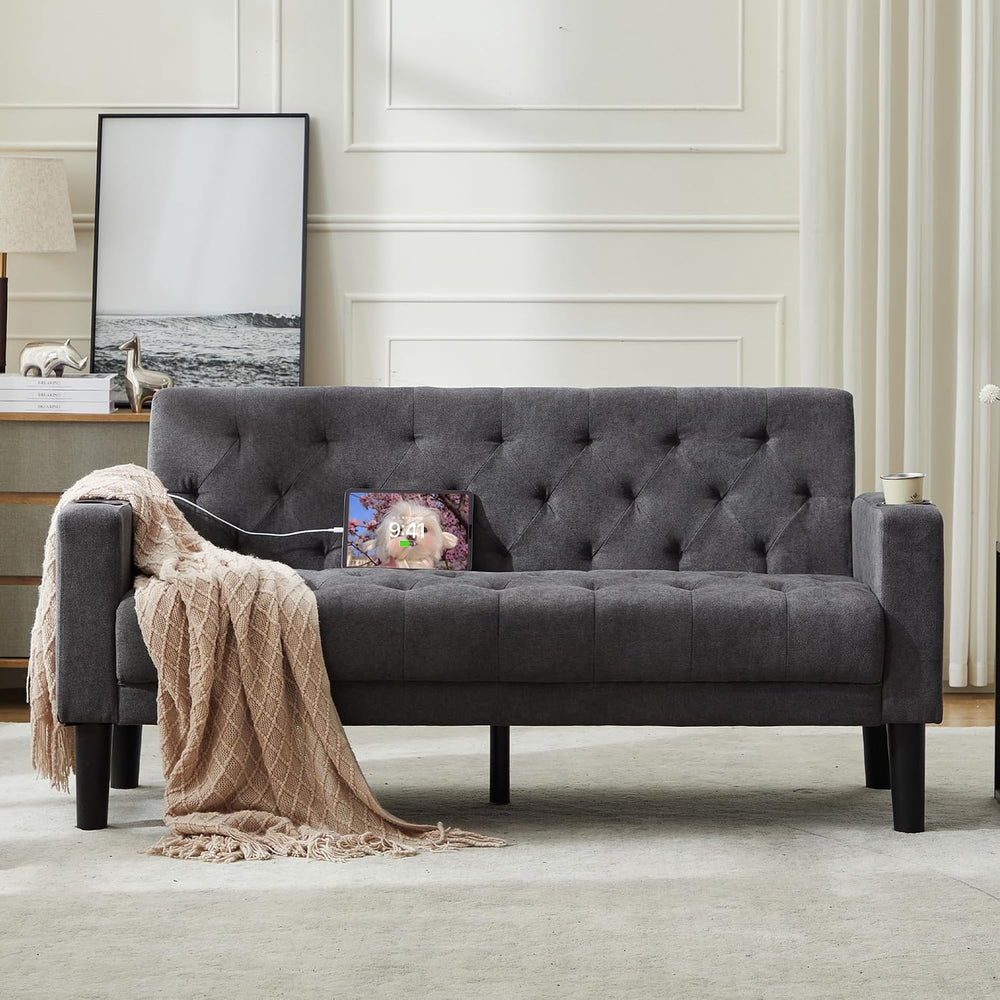 62" W Loveseat Sofa w/ 2 USB Charger Ports and 2 Cupholders