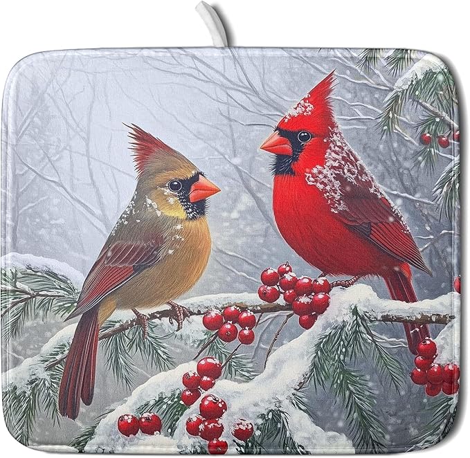 Christmas Bird Dish Drying Mat for Kitchen Counter 16 x 18 Inches Red Winter by Unknown