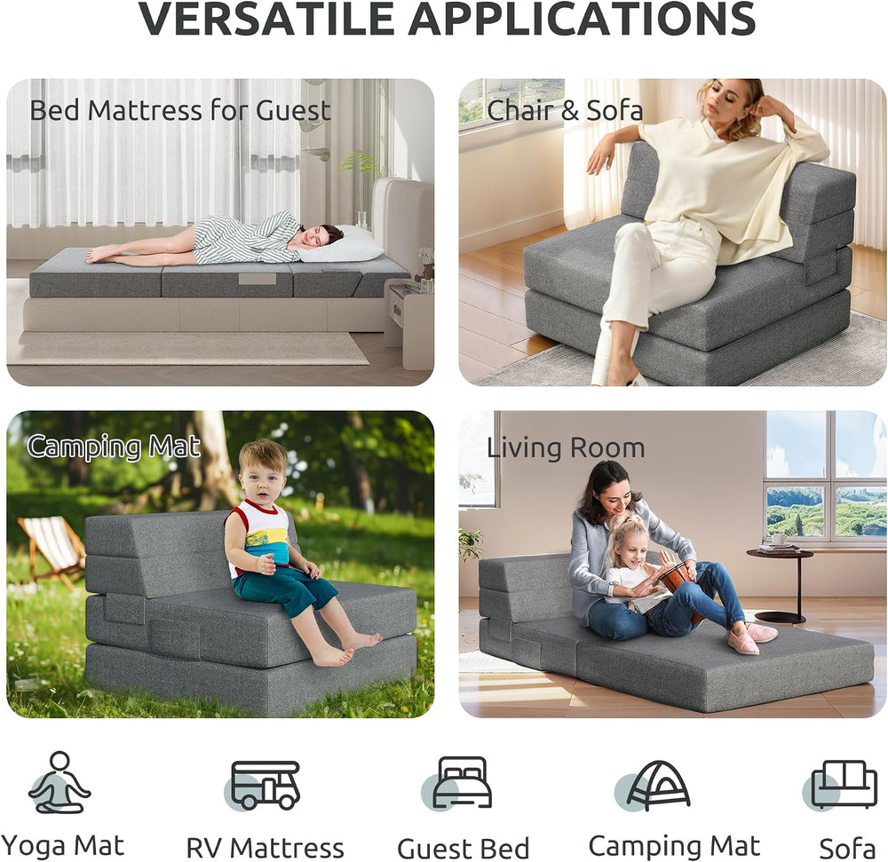 Youzi Folding Sofa Bed Queen, 6 Inches Foam Floor Sofa and Folding Mattress w...