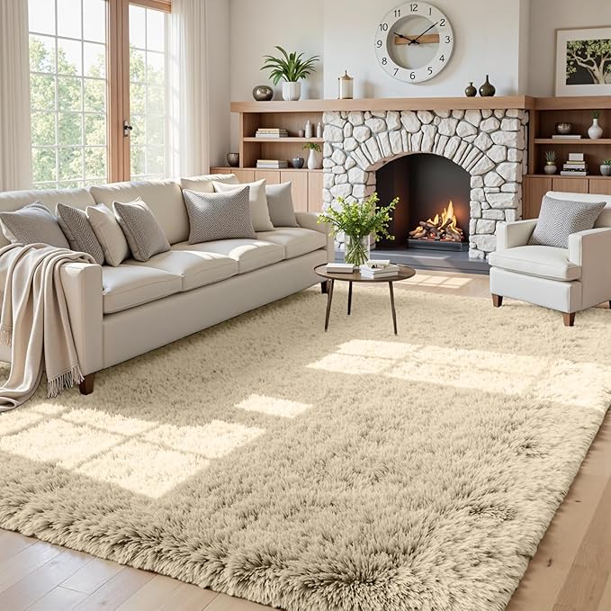 5x8 Area Rugs for Living Room: Soft Fluffy Shag Beige Rugs for Bedroom by CarpetAddColortoYourLife