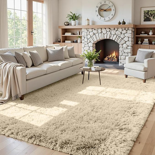 5x8 Area Rugs for Living Room: Soft Fluffy Shag Beige Rugs for Bedroom by CarpetAddColortoYourLife