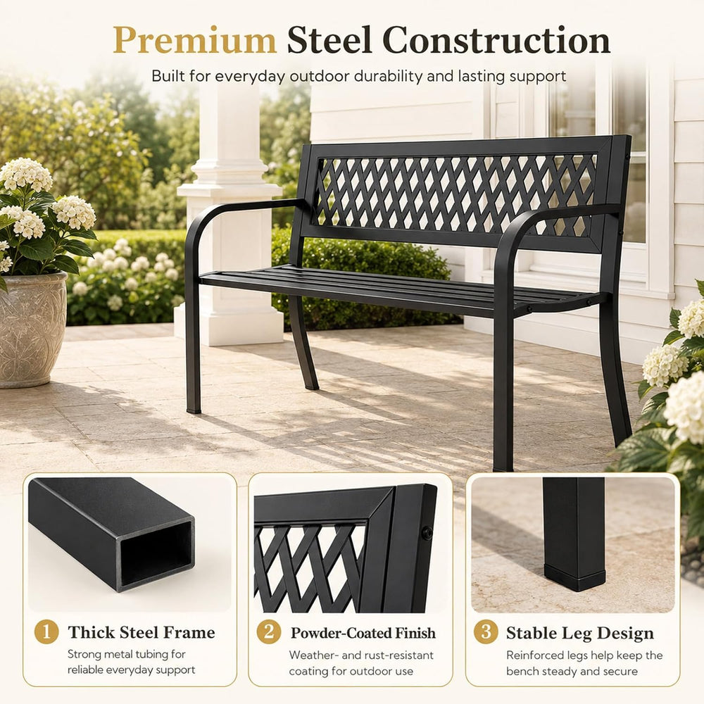 47" Outdoor Garden Bench, Metal Patio Bench with Backrest, Black