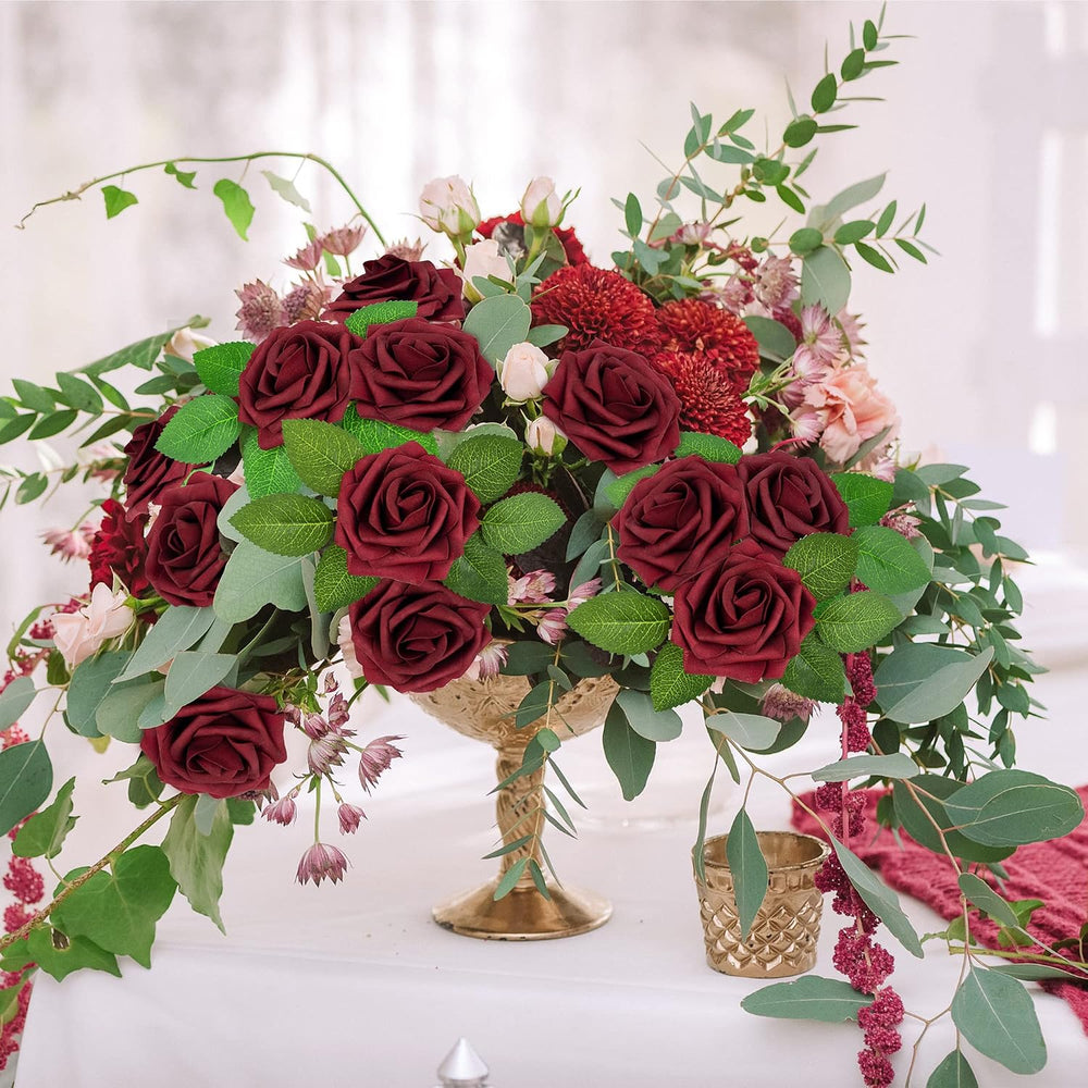 Mocoosy 50Pcs Burgundy Roses Artificial Flowers, Burgundy Fake Rose for Decor...