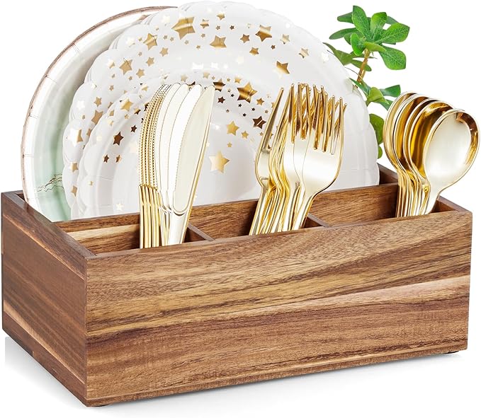 DRASTAR Paper Plate Dispenser, Acacia Utensil Caddy Organizer, Large Silverware by EnhanceYourDailyLife