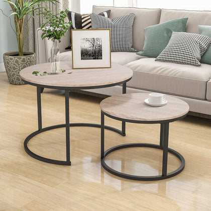HOJINLINERO Round Coffee Table,Nesting Coffee Table Set of 2,Center Tables for Living Room,Office, Home Small Space,Stacking Side Tables,Sturdy and Easy Assembly,Wood Desktop,Black+Teak OAKDK,Large