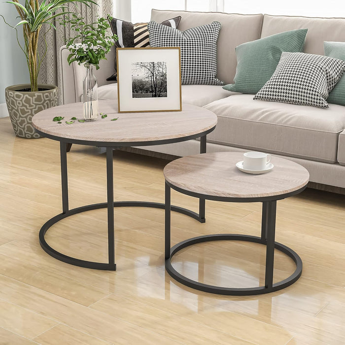 HOJINLINERO Round Coffee Table,Nesting Coffee Table Set of 2,Center Tables for Living Room,Office, Home Small Space,Stacking Side Tables,Sturdy and Easy Assembly,Wood Desktop,Black+Teak OAKDK,Large