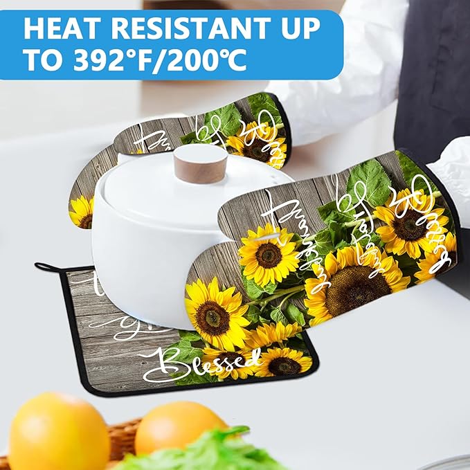 Sunflower Wood Grain Oven Mitts and Pot Holders Sets Heat Resistant 4Pcs - Image 5