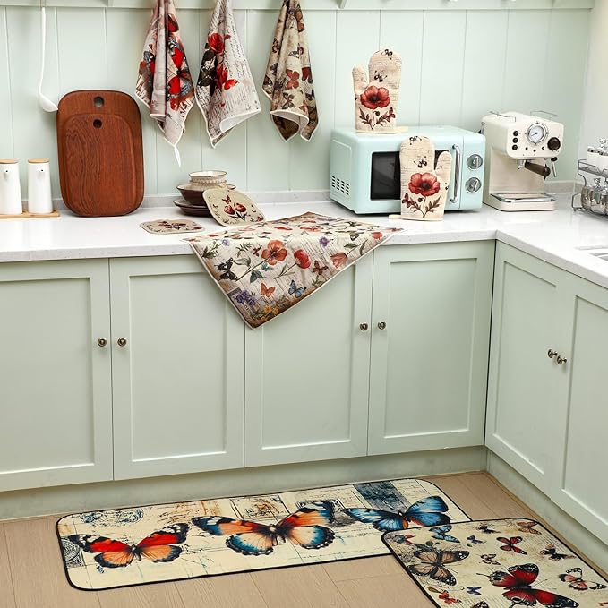 Fourluoo 10 Pcs Butterfly Kitchen Dish Towels Rugs Oven Mitts and Pot Holders - Image 4
