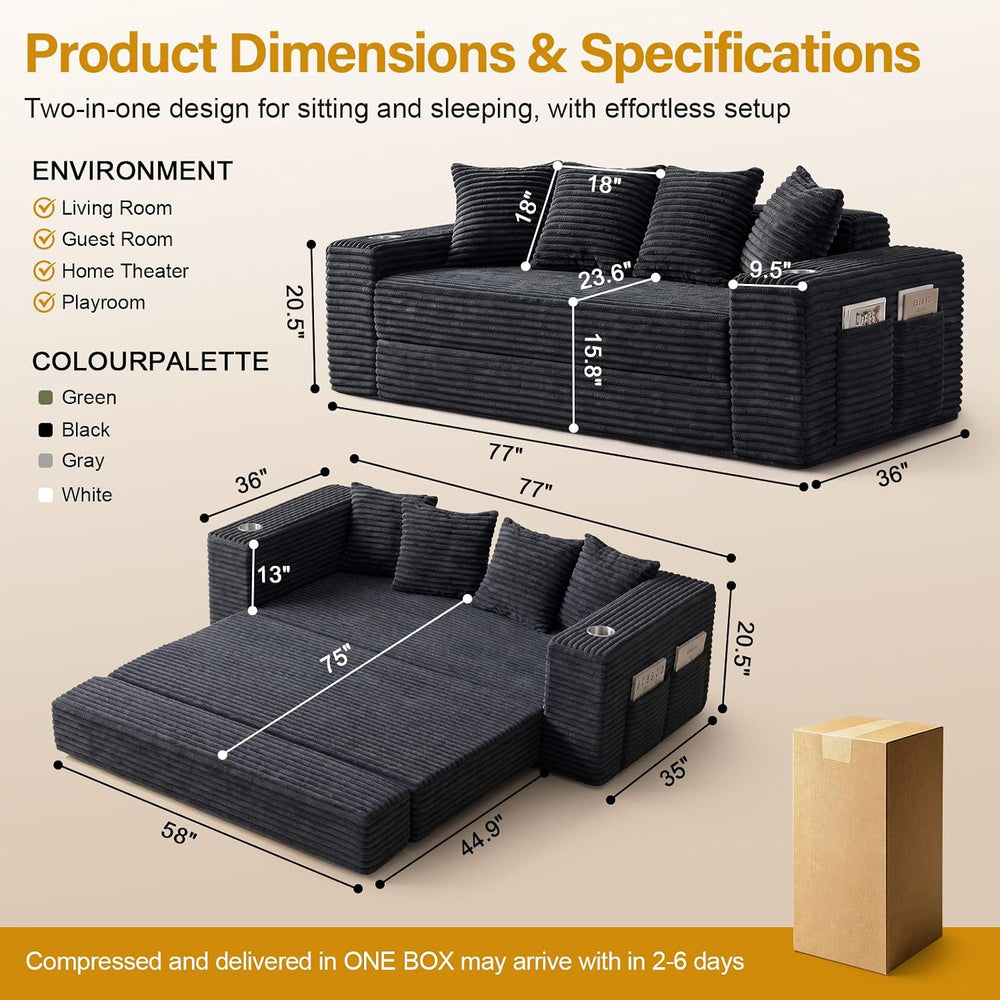 77" Convertible Futon Sofa Bed, Boneless Couch for Living Room (Grey )