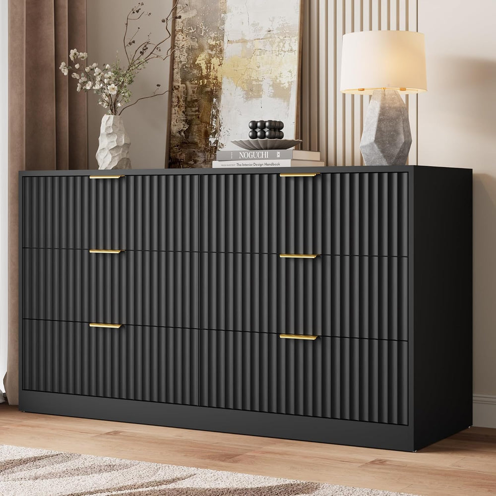55" Wide Fluted Dresser for Bedroom with 6 Drawers, Black