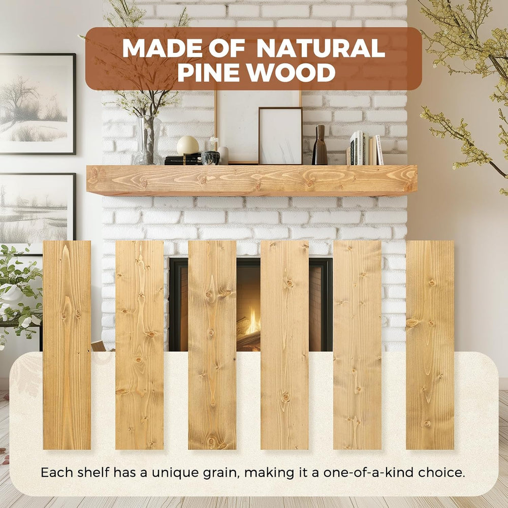 48x8x3in Rustic Fireplace Mantel Pine Wood, Natural Wood