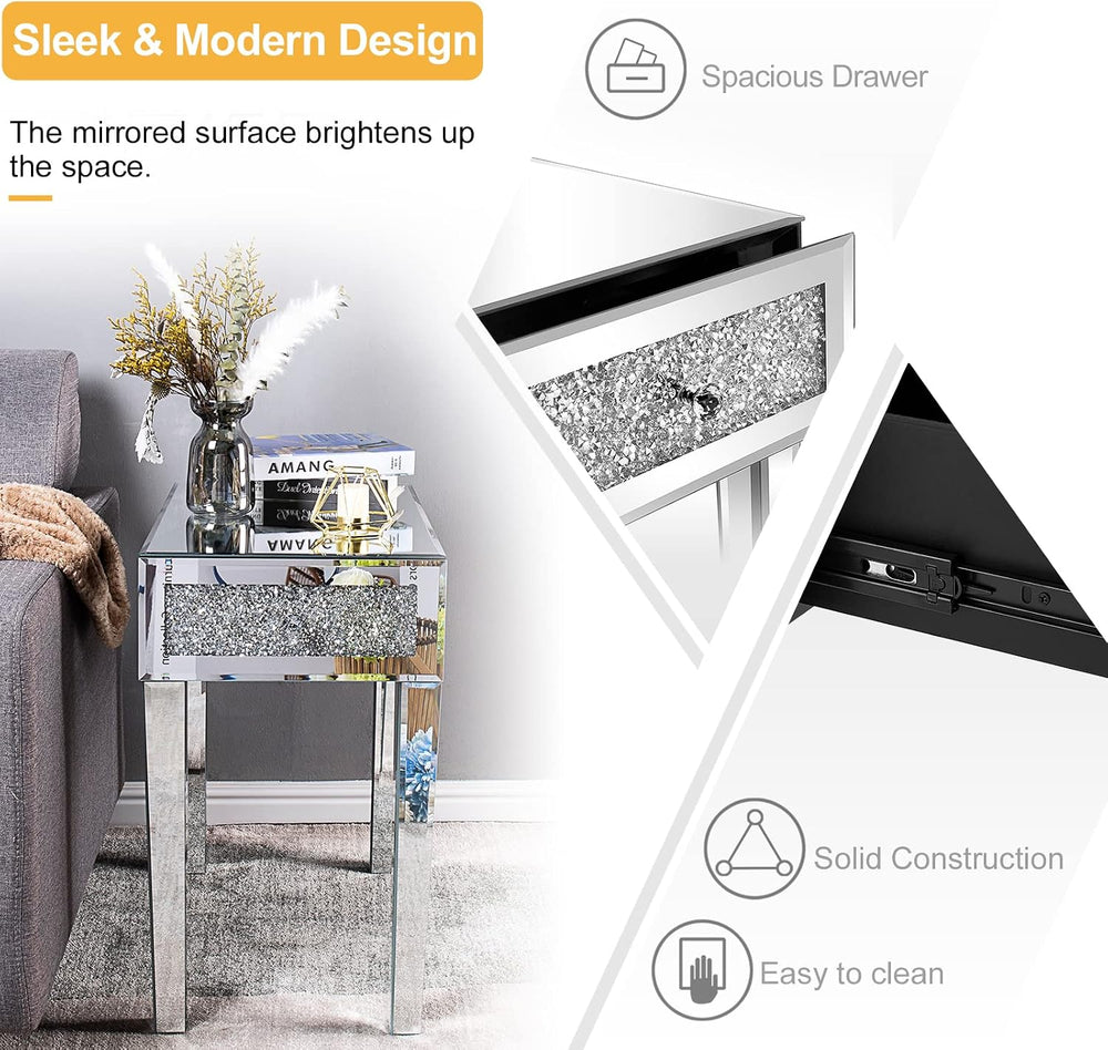 VINGLI Mirrored Nightstand Set of 2 Narrow Side Table with Drawer Glass Accen...