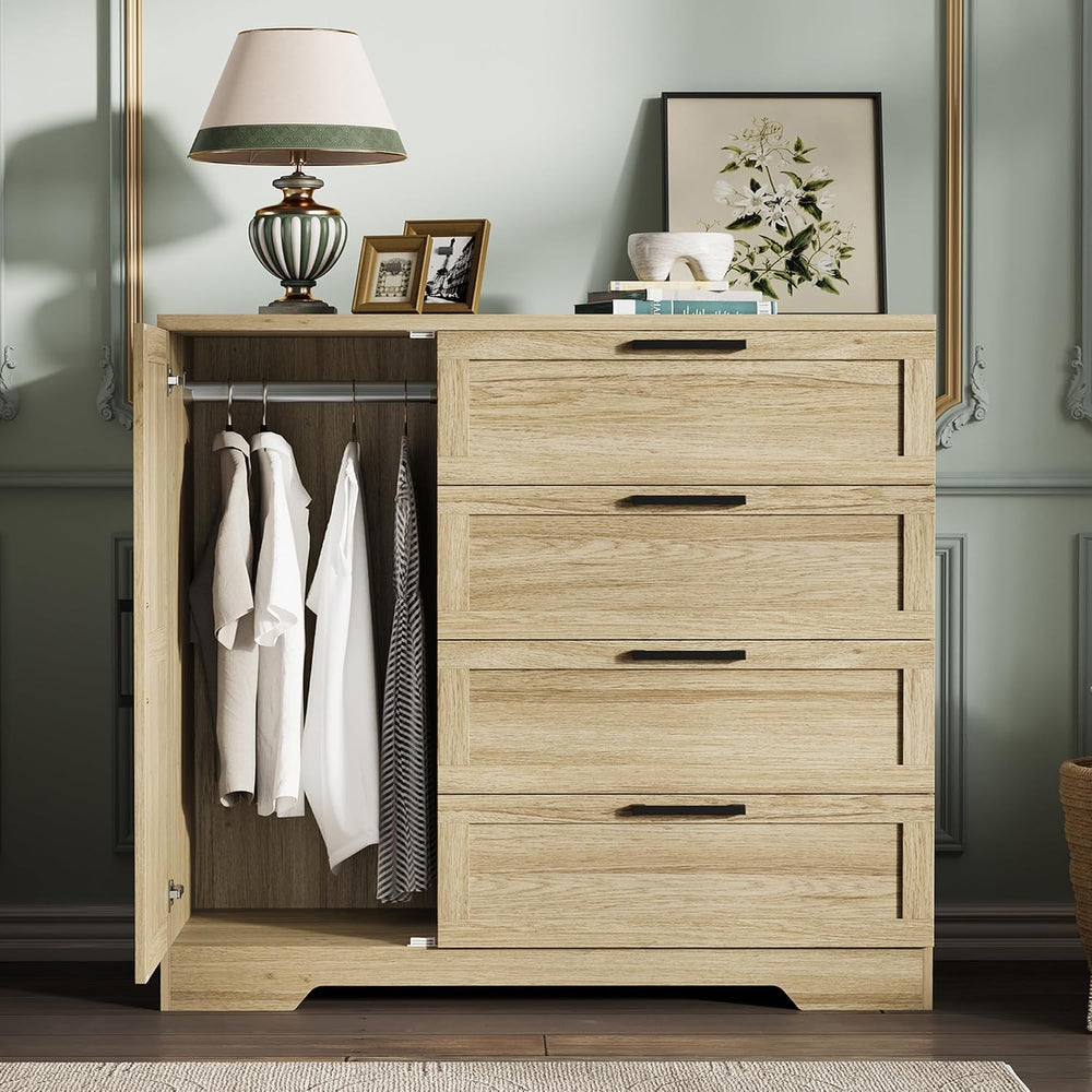 GarveeHome Wood Armoire Wardrobe Closet with 4 Drawers and Door, 43.3 in H Be...