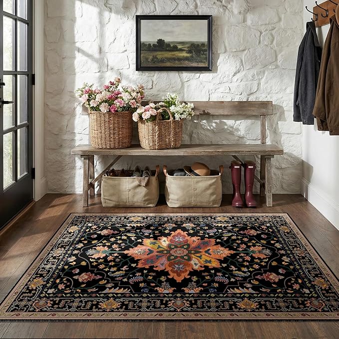 Area Rugs 3'x5' Washable Non-Slip, Floral Vintage Distress Print Pattern - Image 2