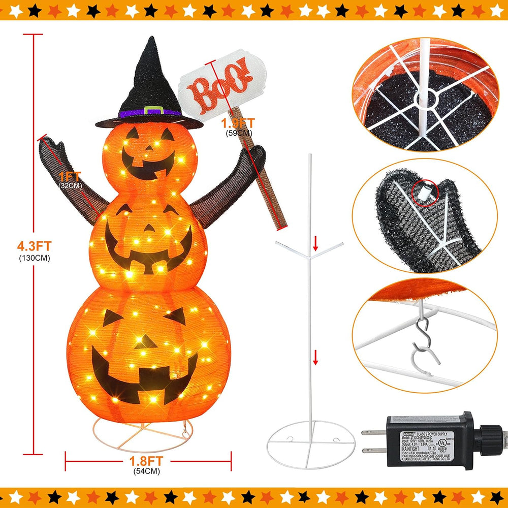 4.3FT Halloween Collapsible Pumpkin Decor, 100 LED Plug in Jack-O-Lantern