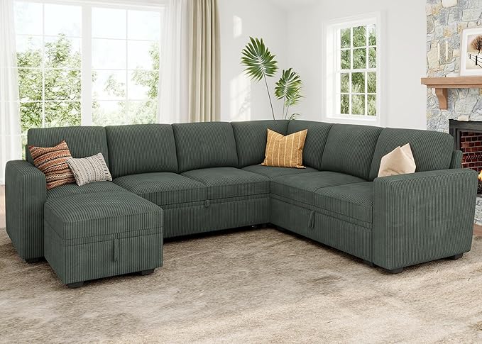 HONBAY Modular Sectional Sleeper Sofa with Pull Out Bed, Corduroy Couch with ...