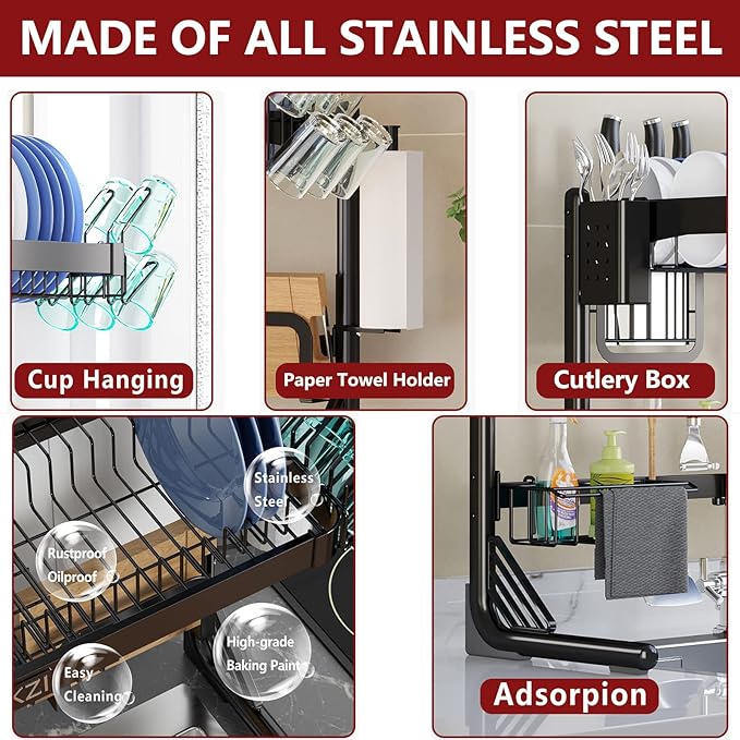 VNKZI Over Sink Dish Drying Rack, 2 Tier Stainless Steel Storage Adjustable - Image 3