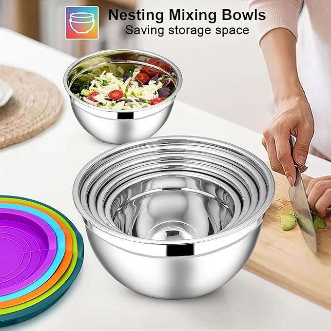 E-far Mixing Bowls with Lids Set, 7-Piece Stainless Steel Mixing Bowls with 3 - Image 4