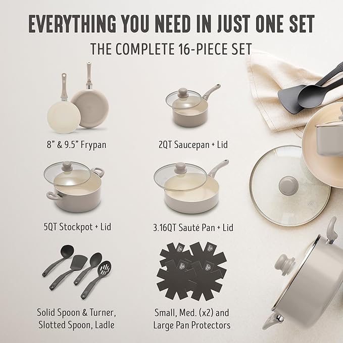 GreenLife 16-Piece Nonstick Cookware Set, Non-Toxic Ceramic Pots and Pans Set - Image 5